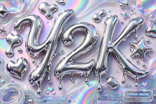 Y2K chrome aesthetic, liquid metal typography and shapes, sparkles, iridescent plastic textures, early 2000s tech vibe