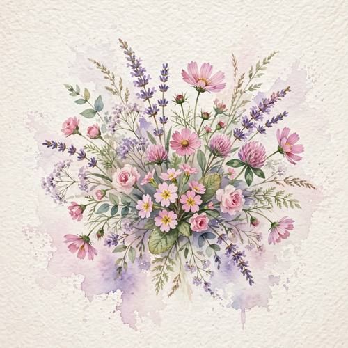 Delicate watercolor bouquet of wildflowers, soft pinks and lavender, loose brushwork, bleeding edges on textured paper
