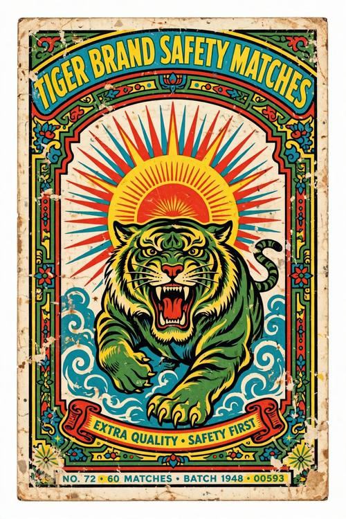 A label featuring a roaring tiger beneath a rising sun, the words 'TIGER BRAND SAFETY MATCHES' arched across the top and a small line of numbers at the bottom. The label alone, straight on, filling the frame. Red, yellow, green and turquoise. Bold and nostalgic. Vintage Asian matchbox label art: a flat lithograph print in bold saturated red, yellow, green and turquoise, thick outlines, one central illustrated motif inside an ornamental border, small decorative lettering around the edges, colors slightly misaligned, worn paper with faded patches. Kitsch, nostalgic and loud.