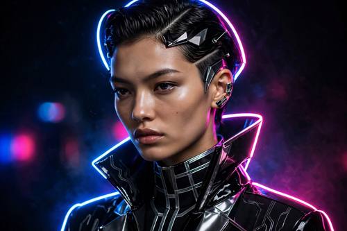 High-fashion editorial portrait with bold neon rim lighting, futuristic styling, cinematic and striking