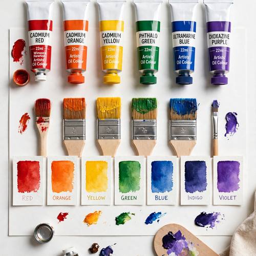Flat lay of art supplies, paint tubes, brushes and color swatches arranged by hue on white paper, crisp studio light