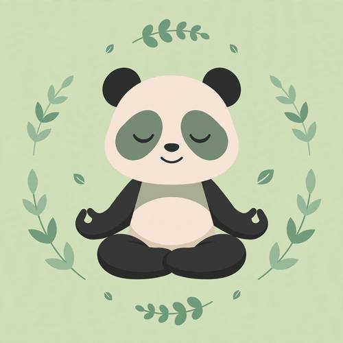 Calm panda mascot meditating, minimal flat design, soft green palette, wellness brand character