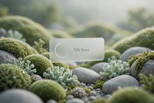 A gentle landscape of moss-green fuzzy hills and smooth gray stones, a frosted glass widget floating above them showing '72% focus' and a thin progress ring. Low wide view, lots of soft blur in the distance. Moss green, stone gray and pale mint. Quiet and focused. Organic tech visual: soft, tactile 3D organic forms such as coral, moss, fuzzy spheres and smooth pebbles, macro-photo detail with shallow depth of field, a calm natural palette, and one crisp minimal interface card in frosted white glass floating among them with a short clean sans-serif label. Quiet, soft light, premium and calm.