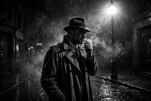 Film noir detective under a streetlight in the rain, black and white, hard shadows, smoke, dramatic contrast