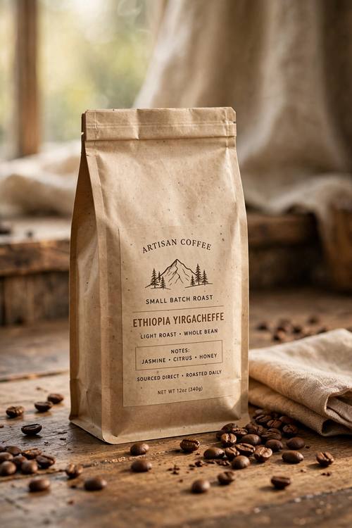 Artisan coffee bag standing on a rustic wooden table with scattered beans and warm morning light, cozy product photography