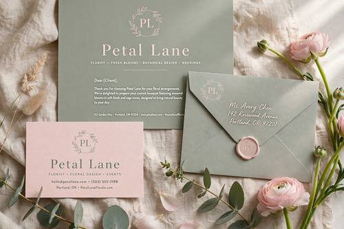Brand stationery flat lay for a florist called 'Petal Lane': a business card, letterhead and envelope with a simple flower monogram, soft blush and sage colors, arranged on natural linen with a few fresh stems, soft daylight.