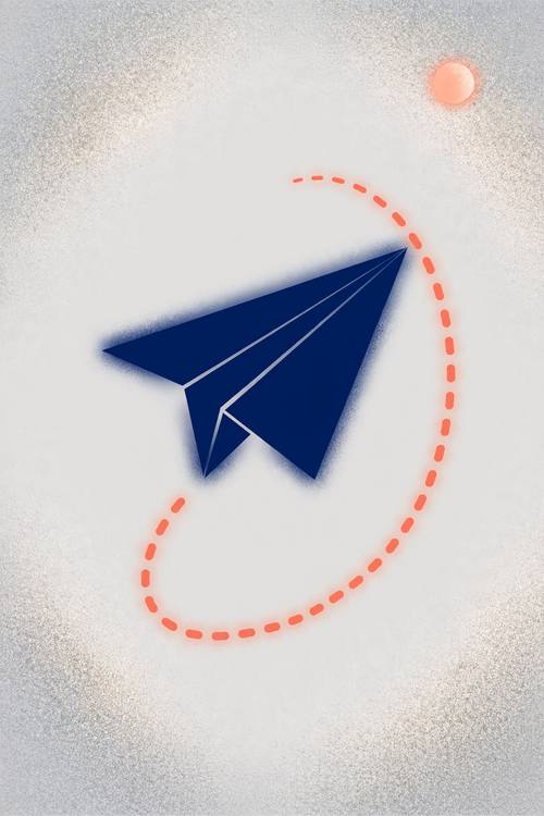 A paper plane trailing a dotted line across a pale sky, a small moon in the corner. Navy and coral on light gray. Contemporary graphic poster: bold flat shapes with soft, blurred, glowing edges, heavy grain over everything, generous negative space, centered composition, no text or letters.