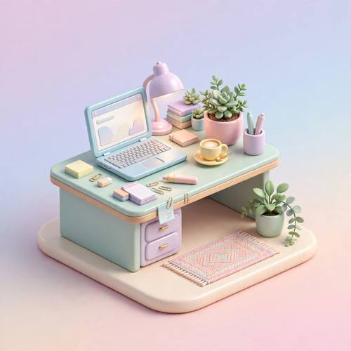 Isometric 3D miniature office workspace with a desk, laptop and plant, pastel gradient palette, soft studio lighting, glossy render