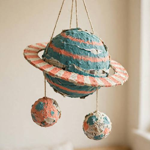 A papier-mâché planet with a striped ring and two little moons, painted in chalky teal and coral, hanging on strings in a kids' room. Eye level, centered. Teal, coral and cream. Charming. Papier-mâché sculpture photo: lumpy hand-formed shapes and letters built from torn newspaper strips, visible paper edges and bits of printed text under chalky, brushy poster paint, slightly uneven surfaces, bright playful colors, soft daylight, a plain backdrop. Handmade, crafty and charming.
