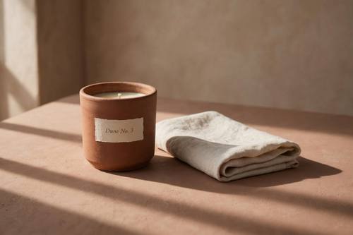 A ceramic candle in a terracotta vessel with a small paper label reading 'Dune No. 3', beside a folded linen napkin on a clay-colored table. Low side angle, long shadows from a window on the left. Clay, cream and soft brown. Slow and refined. Quiet-luxury product photo: a muted earthy palette of terracotta, sand, clay and stone, an elegant high-contrast serif wordmark set small, generous empty space, matte uncoated paper and ceramic textures, soft directional window light with long gentle shadows, nothing loud and no clutter. Calm, refined, editorial.