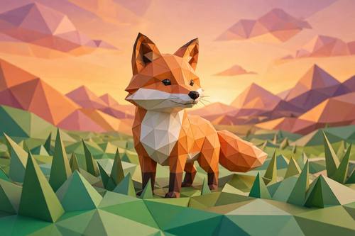 Low poly 3D fox standing in geometric grass, faceted triangular shapes, warm sunset gradient, clean render