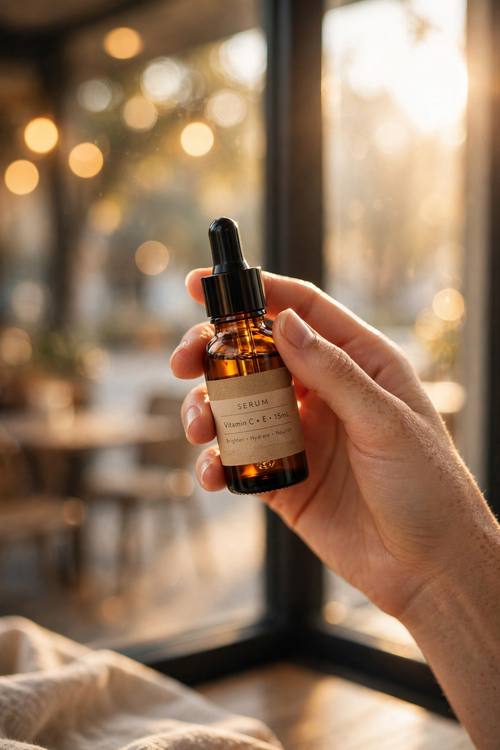 Close-up of a hand holding a small amber glass serum bottle up against a sunlit café window, shallow depth of field, warm morning light, soft bokeh, natural lifestyle ad photo.