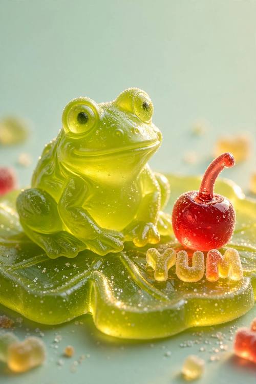 A wobbly lime-green gummy frog sitting on a gummy lily pad, a tiny gummy cherry beside it. Macro, slightly low angle, light glowing through the candy. Lime, cherry red and yellow on a mint backdrop. Cute and juicy. Gummy candy macro photo: see-through, wobbly shapes and letters made of translucent gummy candy, a light coating of sugar crystals, glowing where light passes through, rich candy red, orange, lime green and yellow, backlit studio light with bright glossy highlights, a plain pastel backdrop. Sweet and squishy, not matte clay, not balloon.