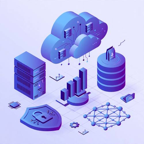 Isometric 3D cloud server and data icons, blue and violet gradients, clean tech illustration, soft ambient occlusion