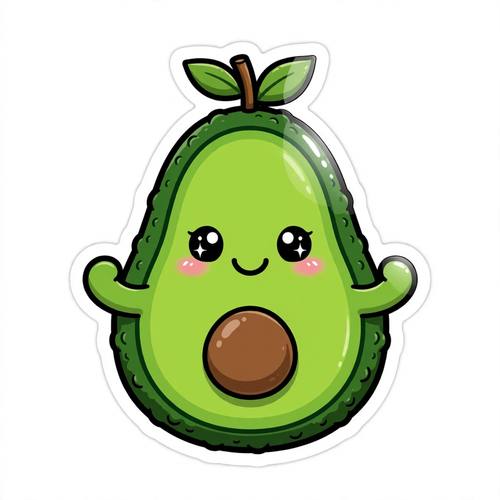 Die-cut glossy sticker of a smiling avocado character, bold outline, vibrant flat colors, cute kawaii style on white