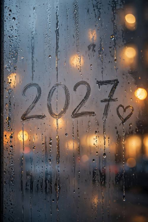 A misted window with '2027' finger-drawn in the fog and a little heart beside it, drips running down, warm city lights blurred behind. Vertical, close. Warm gold bokeh and cool glass. Hopeful. Fogged-window photo: a misted window pane with words or a doodle finger-drawn clear in the fog, small drip trails running down from the letters, warm out-of-focus lights glowing behind the glass, cozy evening mood, a real photograph with shallow depth of field.