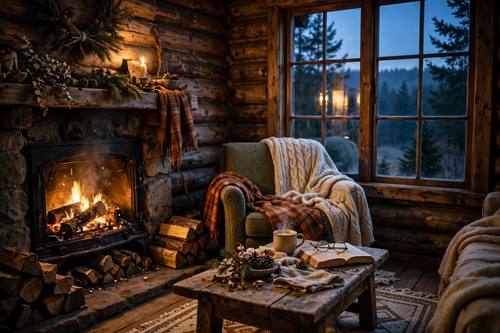 Cozy cabin interior glowing at dusk, warm firelight through the window, cinematic, inviting mood, soft grain