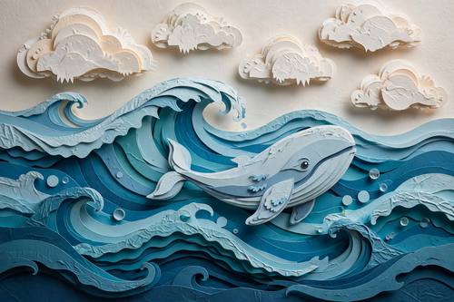 Papercraft ocean scene with layered paper waves, a whale and paper clouds, cut-paper texture, soft studio shadows