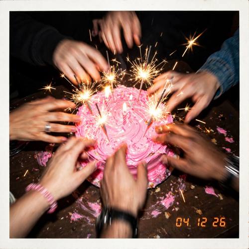A birthday cake with sparklers on a kitchen table, hands reaching in from every side, the date stamp '04 12 26'. Overhead-ish, close. Bright frosting pink, gold sparks and dark background. Chaotic and joyful. Direct-flash snapshot: harsh on-camera flash, a bright, slightly overexposed subject against deep dark falloff, hard-edged shadows, glossy highlights, a little motion blur, orange digital date-stamp digits in the bottom-right corner, shown as a print with a white border. Candid and casual, a real 2000s point-and-shoot photo.