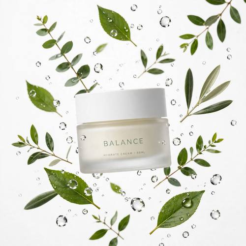 Minimal skincare jar surrounded by floating water droplets and green leaves, clean studio light, fresh premium beauty product shot