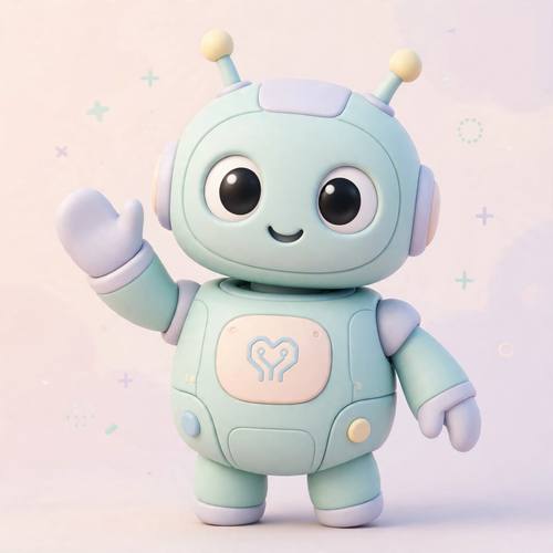 Cute robot mascot with round eyes waving, soft 3D render, pastel colors, approachable tech brand character