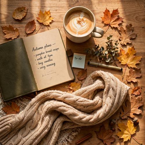 Top-down flat lay of a cozy autumn desk, coffee, notebook, knit scarf and fallen leaves, warm natural light, neatly arranged