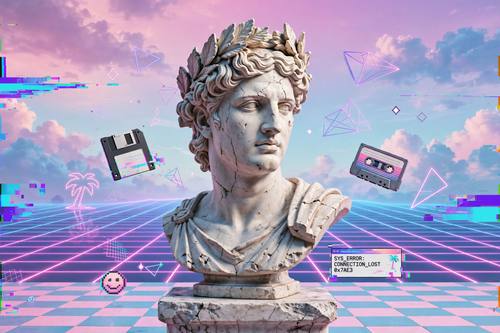 Vaporwave scene, roman statue with pastel gradient sky, glitch elements, retro surreal internet aesthetic