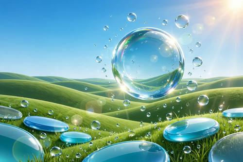 A desktop wallpaper of rolling green hills under a clear blue sky, a giant glossy water bubble floating above the grass, droplets and smaller bubbles around it, a soft lens flare in the corner, no text. Wide, low horizon. Sky blue, grass green and white. Fresh and optimistic. Frutiger Aero digital art: glossy mid-2000s computer graphics, bright sky blue and grass green with clean white, glossy aqua bubble buttons, clear water droplets and floating bubbles, soft lens flares and light rays, lush green hills and clear blue sky meeting sleek tech, a friendly rounded sans-serif. Fresh, optimistic and glossy.