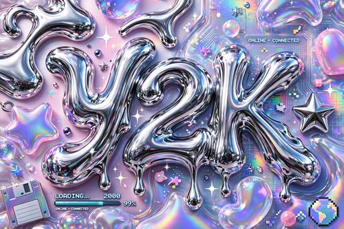 Y2K chrome aesthetic, liquid metal typography and shapes, sparkles, iridescent plastic textures, early 2000s tech vibe