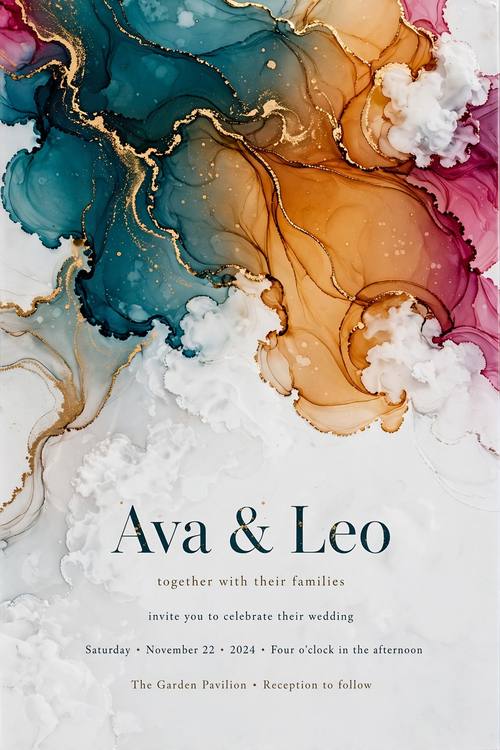 A wedding invitation card with amber and teal ink blooming from the top corner, gold veins running through it, the serif names 'Ava & Leo' in the clear lower half. Flat, straight on. Teal, amber, gold and white. Elegant. Alcohol-ink painting: saturated ink pools with crisp dark rims, soft white blooms where the ink pushed back, thin flowing gold veins, rich teal, magenta and amber blending at the edges, glossy synthetic paper, any words in a clear calm area in an elegant serif. Fluid, organic and luxurious.