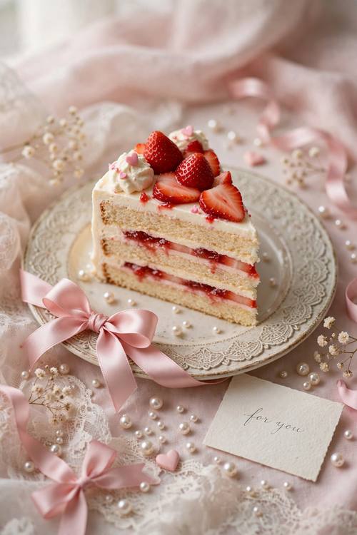 A slice of strawberry layer cake on a vintage plate tied with a pink satin bow, pearls scattered around, a small card reading 'for you' in thin script. Slightly high angle, close. Blush pink, cream and strawberry red. Sweet and romantic. Coquette aesthetic photo: soft pink, blush and cream tones, satin ribbons tied in bows, delicate lace, pearls and tiny hearts, a thin delicate script for any words, dreamy soft-focus natural light with a gentle glow, styled like a pretty still life. Romantic and girly, nothing harsh or dark.