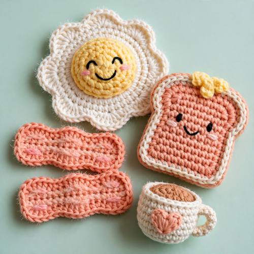A crocheted breakfast: a smiling fried egg, two strips of bacon, a slice of toast and a little coffee cup with a heart on it. Slightly overhead. Butter yellow, peach and cream on a mint backdrop. Cute and cozy. Amigurumi crochet photo: little 3D toys and objects crocheted from soft cotton yarn in tight single-crochet stitches, visible V-stitch rows and slightly fuzzy fibers, small black safety-pin eyes and stitched pink blush, chunky rounded shapes, pastel yarn colors, a seamless pastel backdrop, soft diffused studio light. Handmade, cute and cozy.
