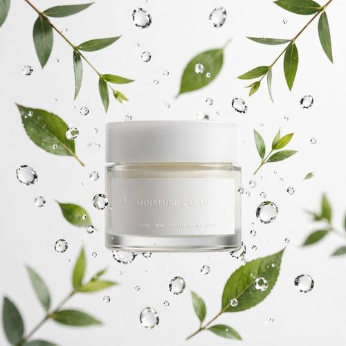 Minimal skincare jar surrounded by floating water droplets and green leaves, clean studio light, fresh premium beauty product shot