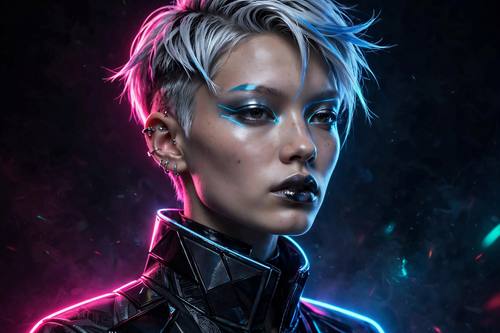 High-fashion editorial portrait with bold neon rim lighting, futuristic styling, cinematic and striking