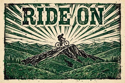 A banner of a cyclist riding along a mountain ridge, carved sun rays and rolling hills, the cut letters 'RIDE ON' in the sky. Wide side view. Black and forest green on cream. Free and outdoorsy. Linocut relief print poster: bold shapes carved from a linoleum block, visible gouge marks and carving lines, chunky black ink plus one accent ink color, uneven ink coverage with speckles and gaps, warm cream paper, bold hand-cut letters with rough edges. Western printmaking, handmade and graphic.