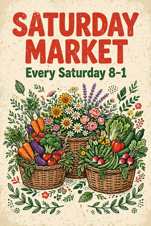 Farmers market poster: illustrated baskets overflowing with vegetables and flowers, the headline 'SATURDAY MARKET' in a chunky rounded font, 'Every Saturday 8–1' underneath, cheerful leaf green, tomato red and cream, screen-print texture.