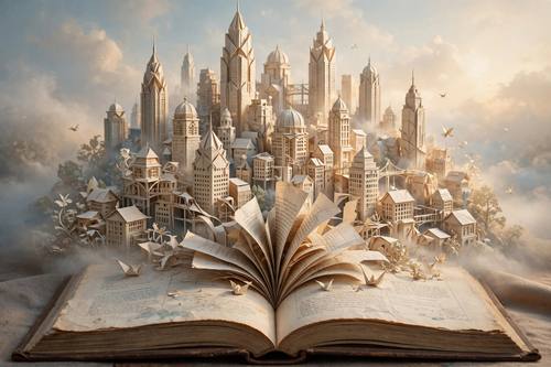 A city skyline growing out of an open book, buildings made of paper, soft dreamy lighting, surreal concept art