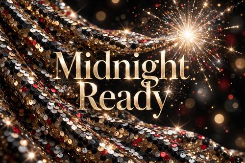 A New Year's Eve banner of champagne sequins rippling across the frame, a sparkle burst catching the light, the tall disco serif words 'Midnight Ready' in the center. Wide, slightly angled. Champagne gold and black. Glamorous. Sequin fabric close-up: overlapping fish-scale sequins covering the frame, each disc catching light with a bright highlight, sparkling bursts where light hits, rich champagne, ruby, black or silver, shallow depth of field, a tall glamorous disco serif for any words. Glamorous and festive.