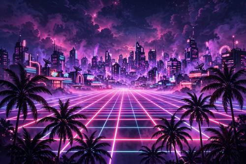 Synthwave city at night, neon grid horizon, purple and pink glow, retro 80s sci-fi, palm trees silhouettes