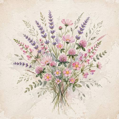 Delicate watercolor bouquet of wildflowers, soft pinks and lavender, loose brushwork, bleeding edges on textured paper