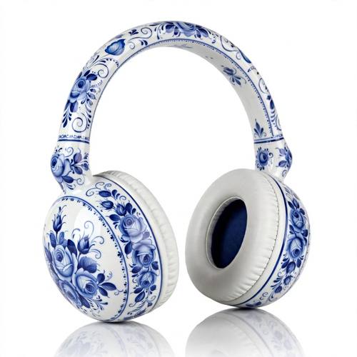 A pair of over-ear headphones made entirely of painted porcelain, roses wrapping around each ear cup and tendrils along the band. Three-quarter view, centered. Cobalt blue on glossy white. Elegant and surprising. Gzhel blue-and-white porcelain: cobalt blue hand-painted brushwork on glossy white glaze, flowing roses, leaves and curling tendrils shaded light to dark within each brushstroke, fine painted line borders, the whole object made of porcelain as if it were a piece of tableware; clean product photo on white with soft reflections.