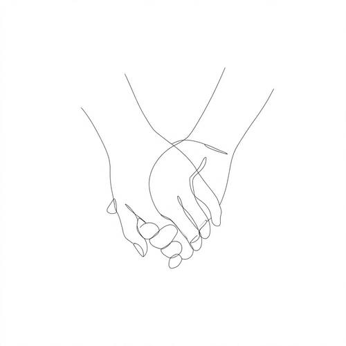Minimal one-line drawing of two hands holding, thin black ink on white, lots of negative space, refined and simple