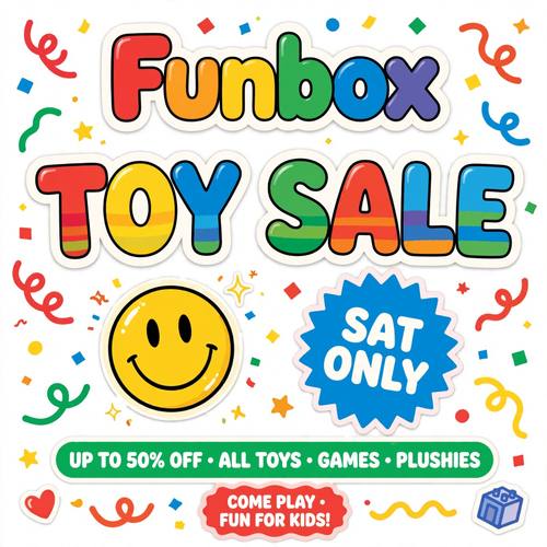 A sale post for a toy store called 'Funbox': the bubble letters 'TOY SALE' in rainbow colors, a smiley sticker, a starburst badge reading 'SAT ONLY', confetti and squiggles. Straight on. Red, yellow, blue and green on white. Happy. Kidcore graphic: primary and rainbow color blocks, chunky rounded bubble lettering, toy-package shapes like starbursts and rounded badges, squiggles, confetti, smiley faces and sticker badges, flat bright colors with soft white outlines and no black offset shadows, a playful layout. Bright, nostalgic and happy.