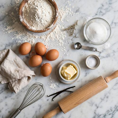 Top-down flat lay of baking ingredients, flour, eggs, whisk and rolling pin on a marble counter, bright airy kitchen light