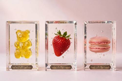 Three resin blocks holding a gummy bear, a strawberry and a macaron, lined up like museum specimens with small labels. Eye level. Candy colors on a pale pink gradient. Playful and precise. Resin-cast specimen photo: objects suspended inside a clear polished resin block, light refracting at the block's edges, crisp bevel highlights, tiny trapped air bubbles, a soft studio gradient backdrop, a small engraved-style label on the base. Precious and precise.
