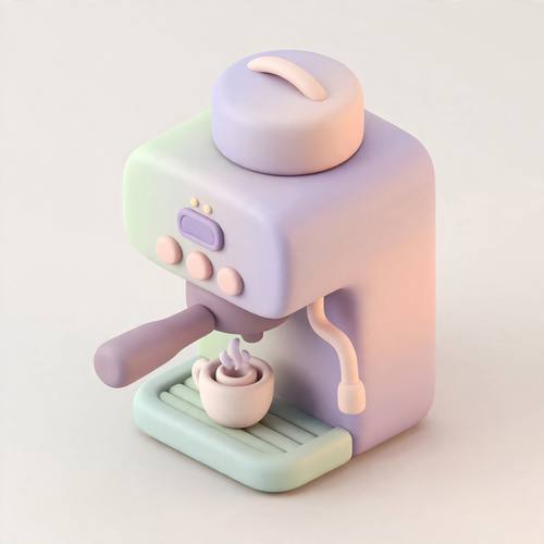 Isometric 3D icon of a coffee machine, soft gradient colors, smooth clay render, subtle shadows, isolated on a light background