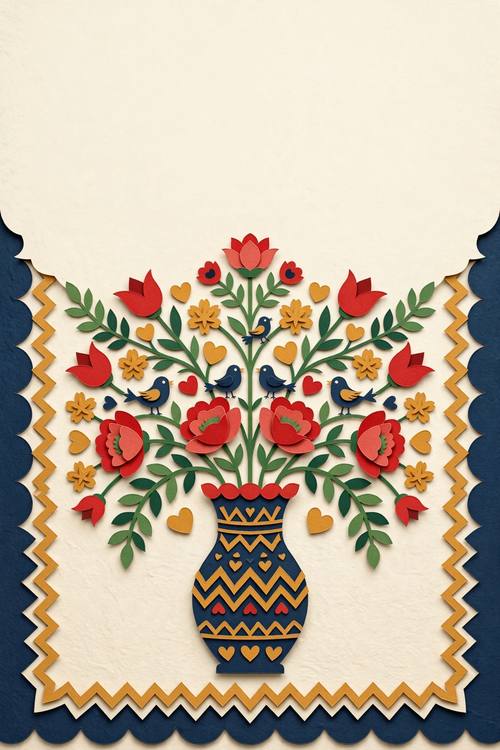 A phone wallpaper of a tall symmetrical vase of folk flowers, little birds perched on the stems and a scalloped border, the top third kept simple for the clock, no text. Vertical, flat. Red, green, ochre and navy on cream. Bright and homey. Folk-art cut-paper florals: symmetrical hand-cut folk flowers, tulips, leaves, little birds and hearts, flat solid poppy red, leaf green, ochre and navy on cream, scalloped and zigzag frames, cut-paper edges casting tiny shadows, a mirrored composition. Flat, cheerful and handmade; no people, no religious symbols.