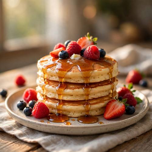 Stack of fluffy pancakes with dripping maple syrup and fresh berries, warm morning light, appetizing food photography, shallow depth