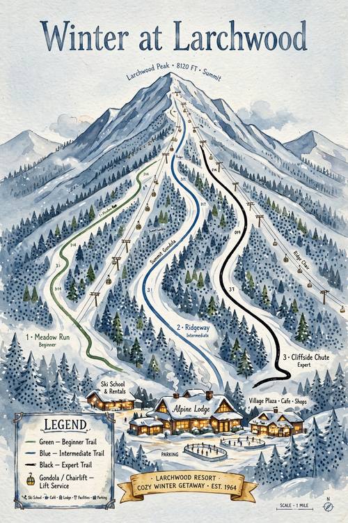 A poster for a winter getaway: one tall peak with winding trails, a gondola and a cozy village at its foot, the words 'Winter at Larchwood' at the top. Straight on. Blue-gray, white and warm window gold. Cozy. Painted ski-resort trail map: a hand-painted mountain panorama with blue-gray ridges and dotted tree texture, color-coded trails in green, blue and black winding down the slopes, chairlift lines with little towers, small numbered labels and a legend box, a cozy lodge at the base, a gouache poster finish. Wintry and inviting; invented resorts only.