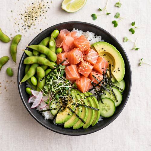 Vibrant poke bowl with salmon, avocado and edamame, top-down, bright fresh colors, clean studio light, healthy food shot